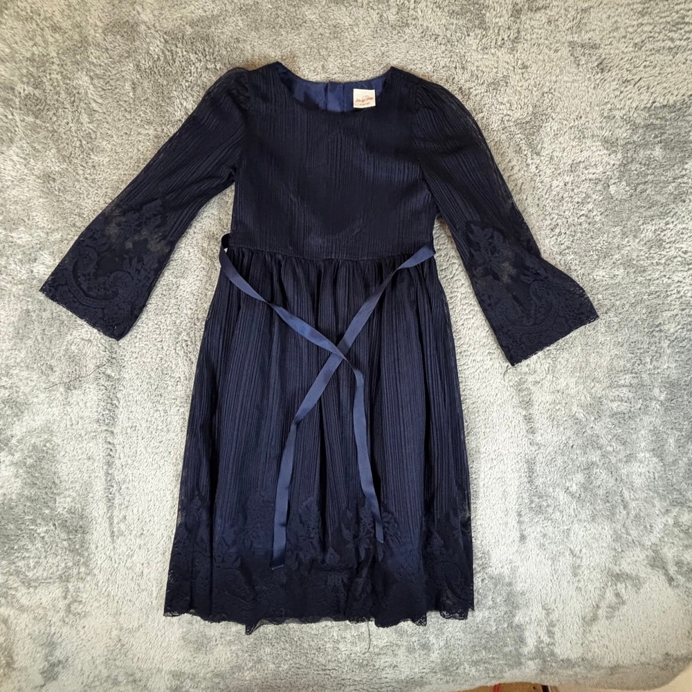 Benny Billy Girls Navy Blue Pleated Lace Bell Sleeve Party Dress Size 7-8